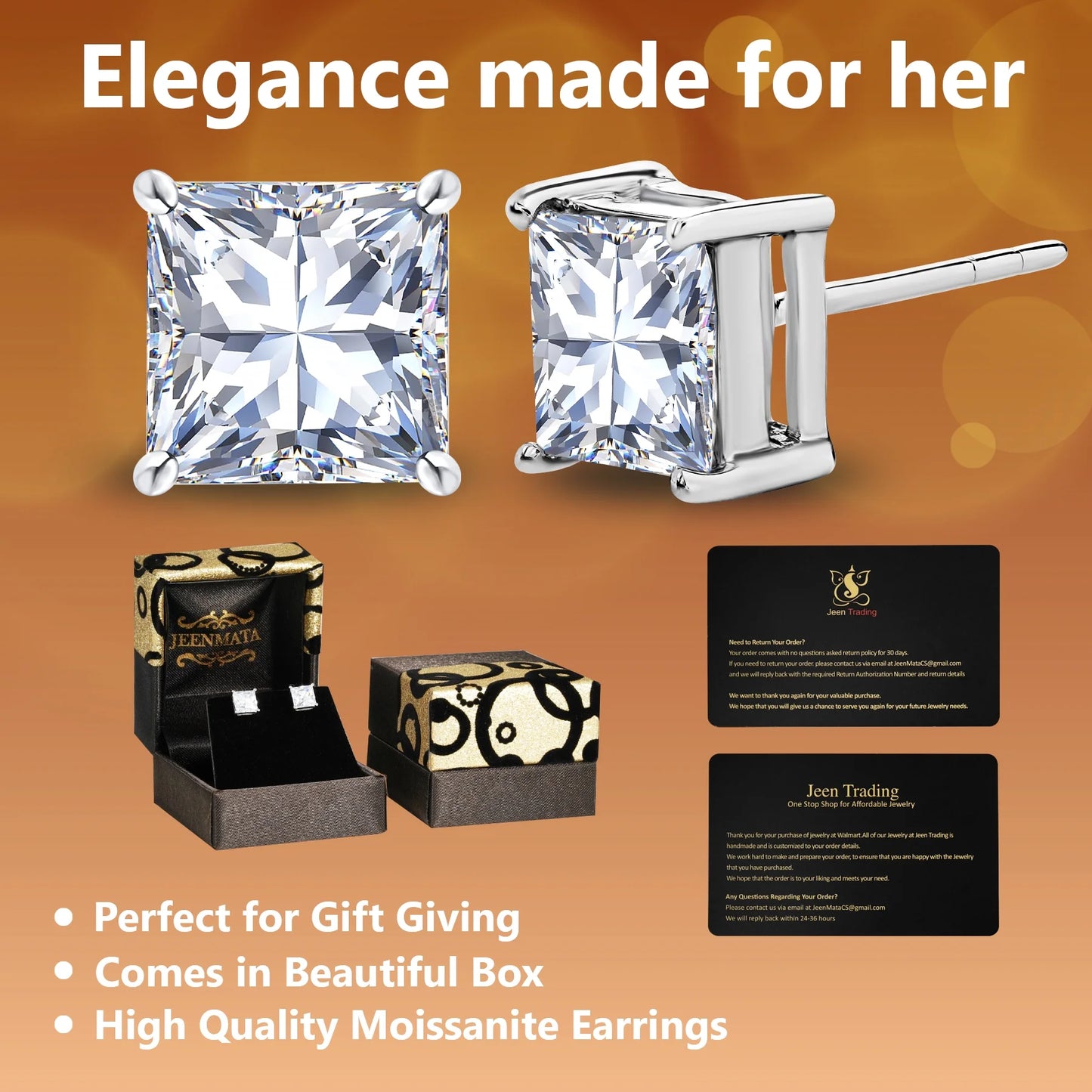 2 Carat Princess Cut Moissanite Stud Earrings for Women – 18K White Gold Plated 4-Prong Solitaire Earrings | Sparkling Diamond Alternative by Aevyra