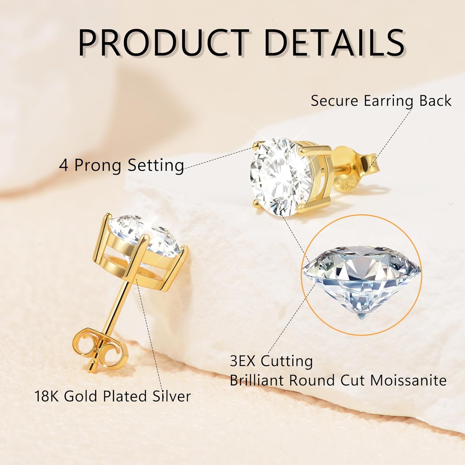 2Ct Round Brilliant Cut Moissanite Earrings – 6.5mm D Color Lab-Created Diamond Alternative | 18K Yellow Gold Plated Sterling Silver Push-Back Studs for Women, Men & Girls by Aevyra