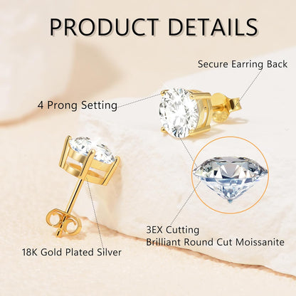 2Ct Round Brilliant Cut Moissanite Earrings – 6.5mm D Color Lab-Created Diamond Alternative | 18K Yellow Gold Plated Sterling Silver Push-Back Studs for Women, Men & Girls by Aevyra