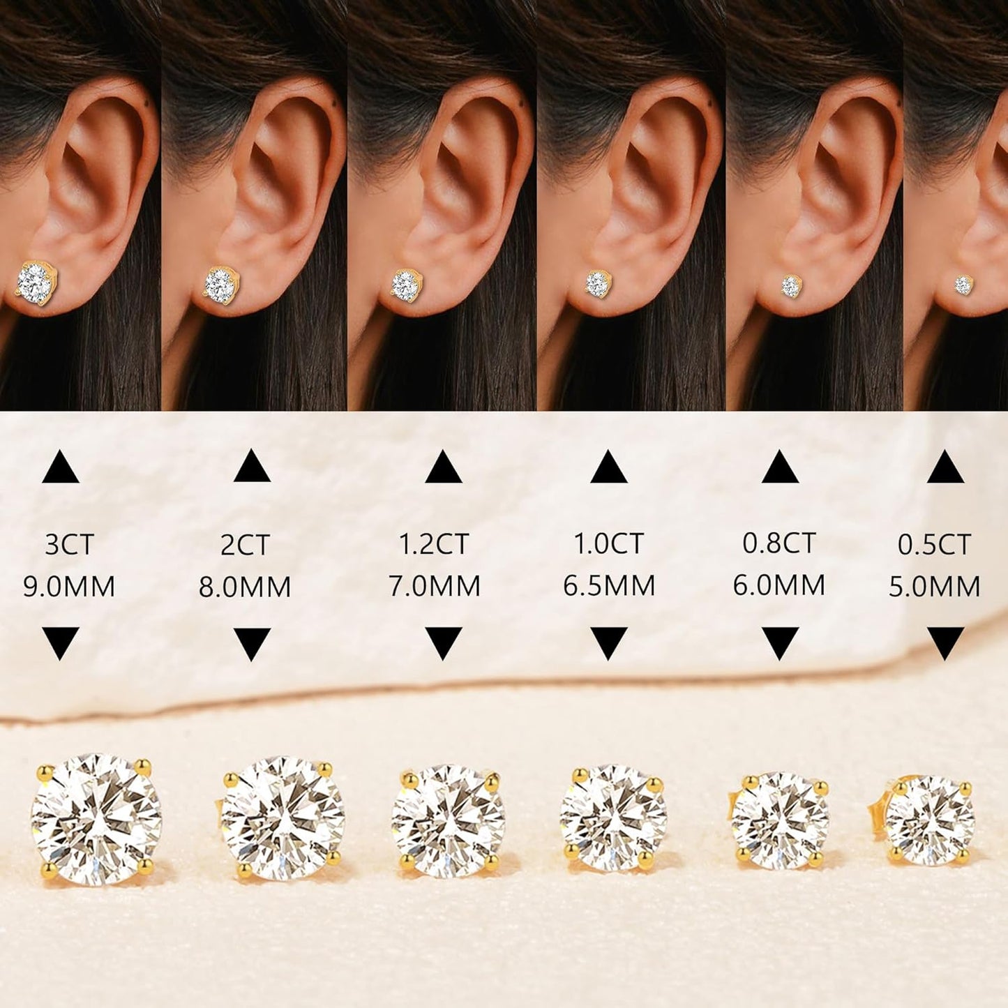 2Ct Round Brilliant Cut Moissanite Earrings – 6.5mm D Color Lab-Created Diamond Alternative | 18K Yellow Gold Plated Sterling Silver Push-Back Studs for Women, Men & Girls by Aevyra