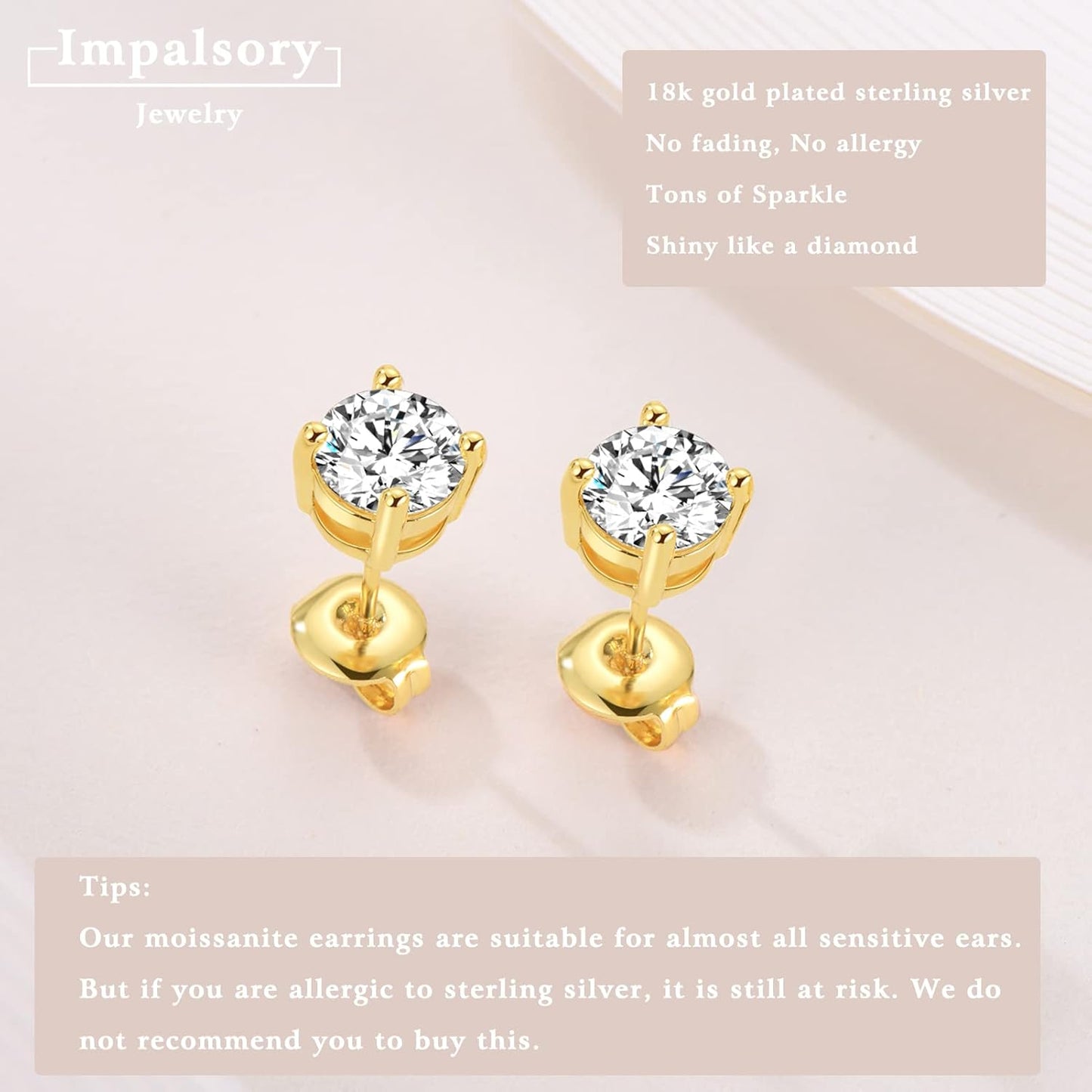 2Ct Round Brilliant Cut Moissanite Earrings – 6.5mm D Color Lab-Created Diamond Alternative | 18K Yellow Gold Plated Sterling Silver Push-Back Studs for Women, Men & Girls by Aevyra