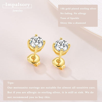 2Ct Round Brilliant Cut Moissanite Earrings – 6.5mm D Color Lab-Created Diamond Alternative | 18K Yellow Gold Plated Sterling Silver Push-Back Studs for Women, Men & Girls by Aevyra