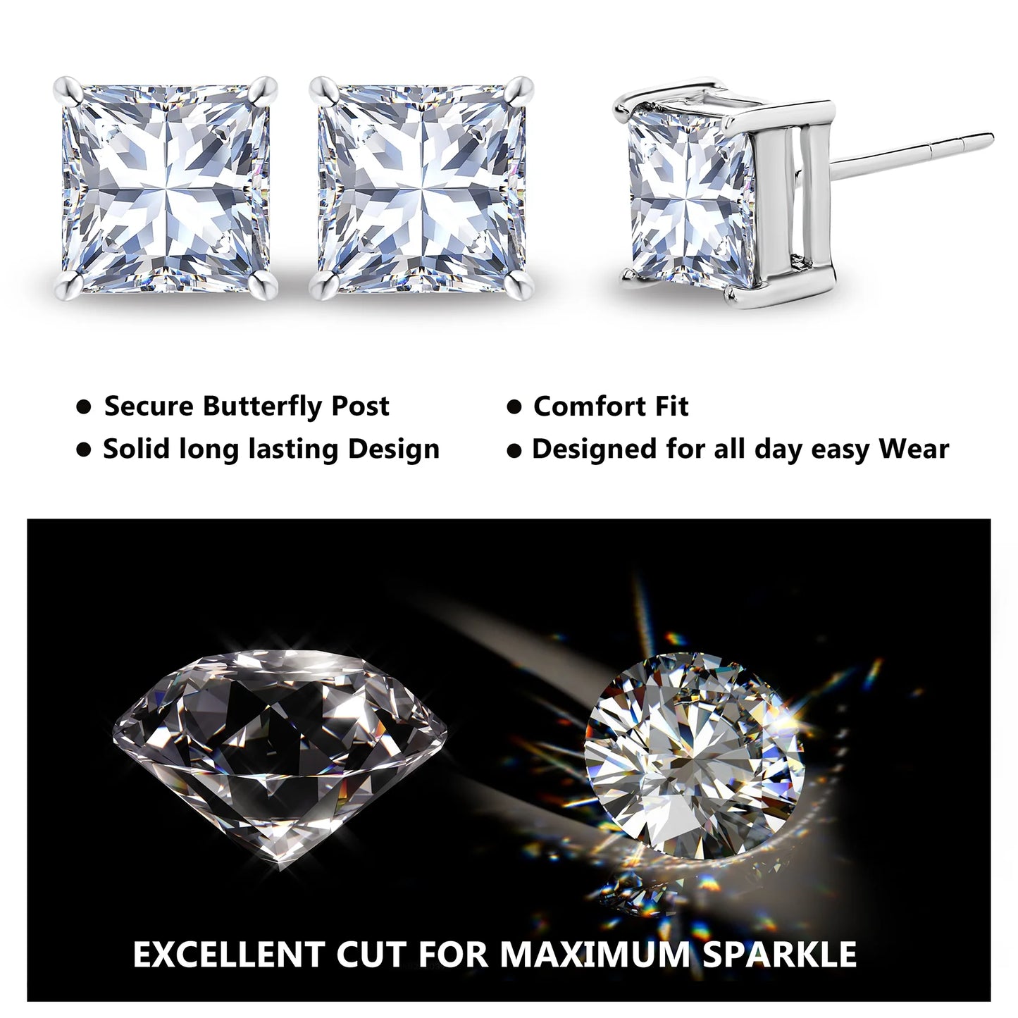 2 Carat Princess Cut Moissanite Stud Earrings for Women – 18K White Gold Plated 4-Prong Solitaire Earrings | Sparkling Diamond Alternative by Aevyra