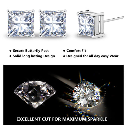 2 Carat Princess Cut Moissanite Stud Earrings for Women – 18K White Gold Plated 4-Prong Solitaire Earrings | Sparkling Diamond Alternative by Aevyra