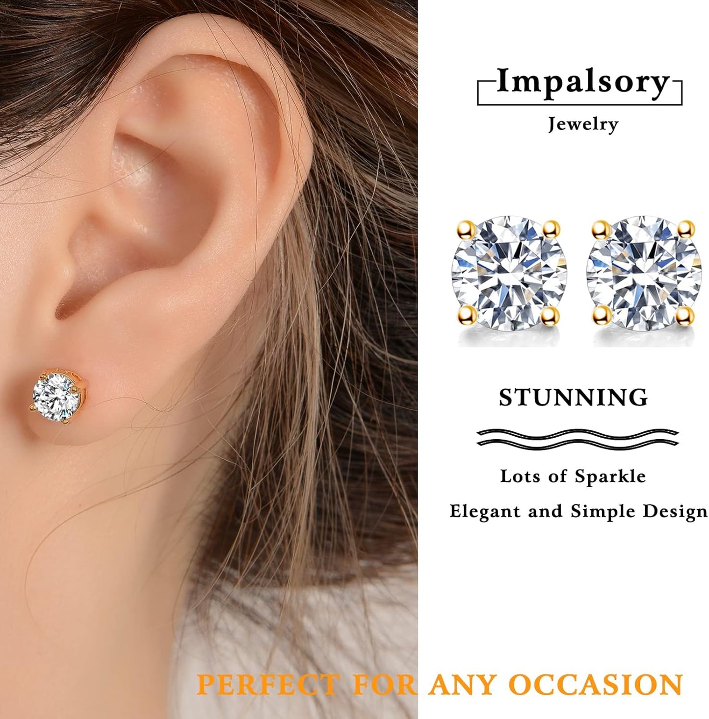 2Ct Round Brilliant Cut Moissanite Earrings – 6.5mm D Color Lab-Created Diamond Alternative | 18K Yellow Gold Plated Sterling Silver Push-Back Studs for Women, Men & Girls by Aevyra