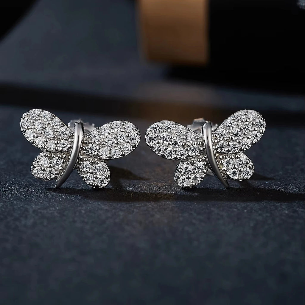 Trendy Butterfly Design Full Moissanite Earrings for Engagement Bridal Party Gold Plated Stud Earring Female