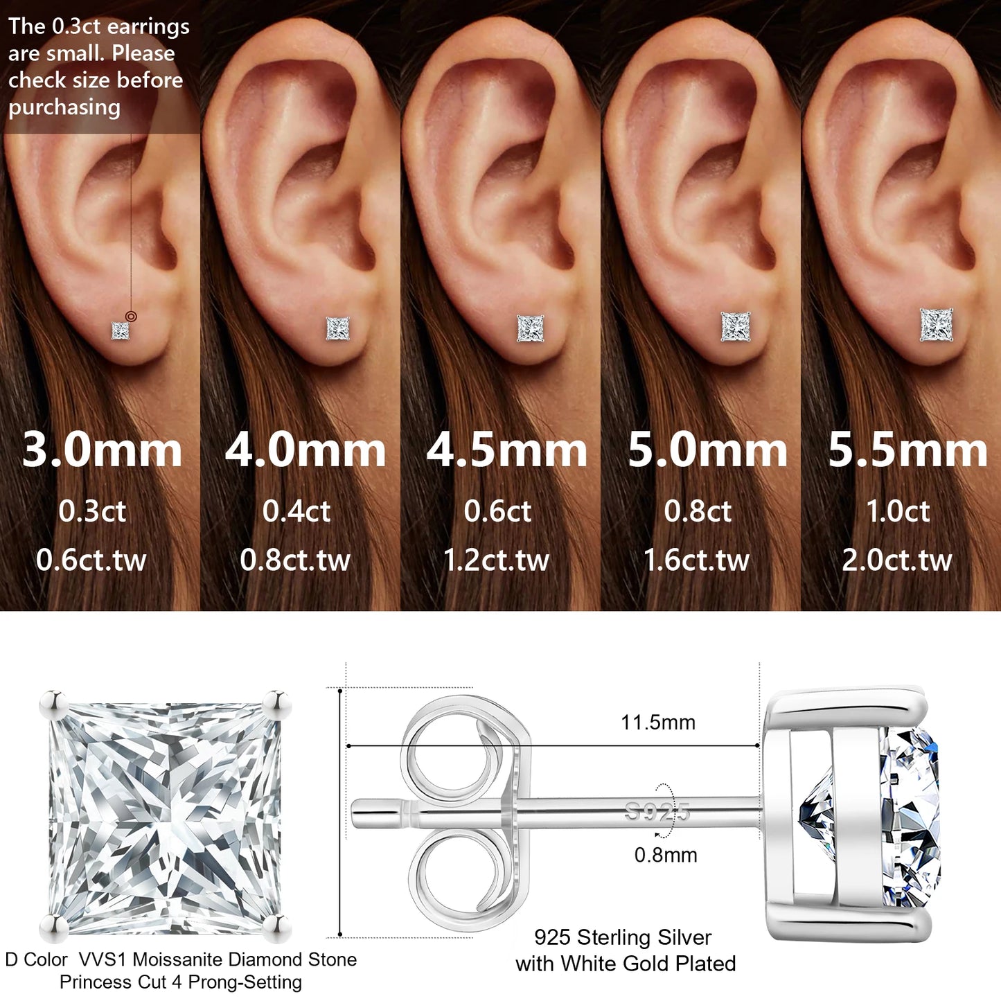 Princess Cut Moissanite Stud Earrings – 14K White Gold Vermeil on 925 Sterling Silver | VVS1 Lab-Created Diamond Alternative Jewelry for Men & Women by Aevyra