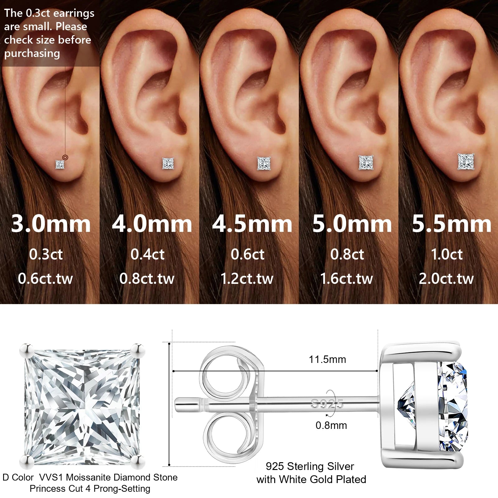 Princess Cut Moissanite Stud Earrings – 14K White Gold Vermeil on 925 Sterling Silver | VVS1 Lab-Created Diamond Alternative Jewelry for Men & Women by Aevyra