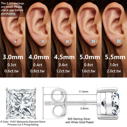 Princess Cut Moissanite Stud Earrings – 14K White Gold Vermeil on 925 Sterling Silver | VVS1 Lab-Created Diamond Alternative Jewelry for Men & Women by Aevyra