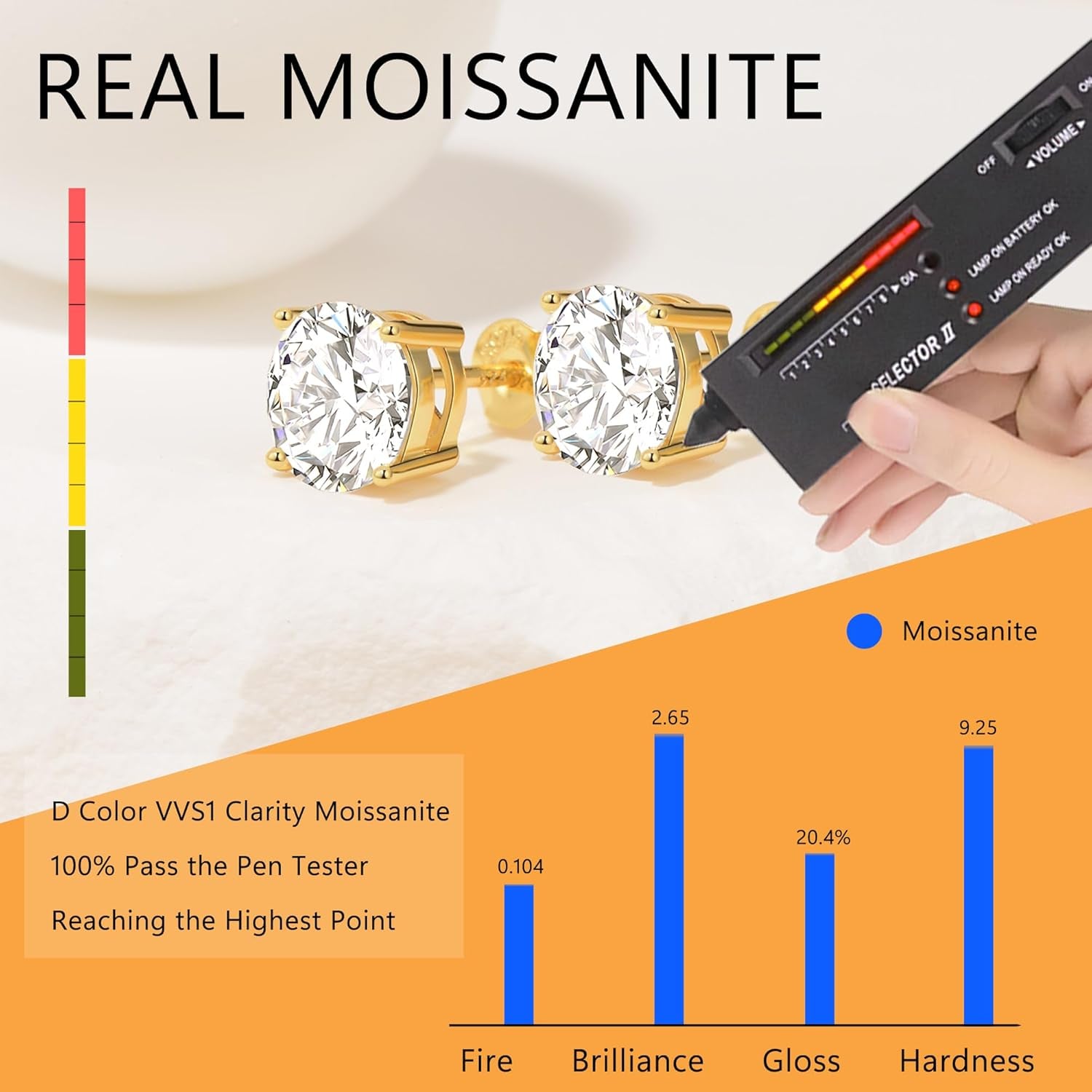 2Ct Round Brilliant Cut Moissanite Earrings – 6.5mm D Color Lab-Created Diamond Alternative | 18K Yellow Gold Plated Sterling Silver Push-Back Studs for Women, Men & Girls by Aevyra