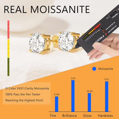 2Ct Round Brilliant Cut Moissanite Earrings – 6.5mm D Color Lab-Created Diamond Alternative | 18K Yellow Gold Plated Sterling Silver Push-Back Studs for Women, Men & Girls by Aevyra