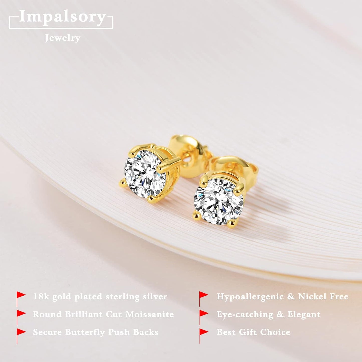 2Ct Round Brilliant Cut Moissanite Earrings – 6.5mm D Color Lab-Created Diamond Alternative | 18K Yellow Gold Plated Sterling Silver Push-Back Studs for Women, Men & Girls by Aevyra