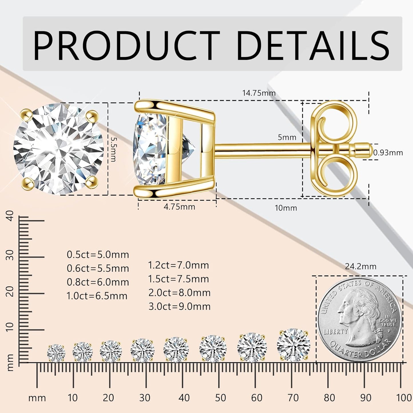 2Ct Round Brilliant Cut Moissanite Earrings – 6.5mm D Color Lab-Created Diamond Alternative | 18K Yellow Gold Plated Sterling Silver Push-Back Studs for Women, Men & Girls by Aevyra