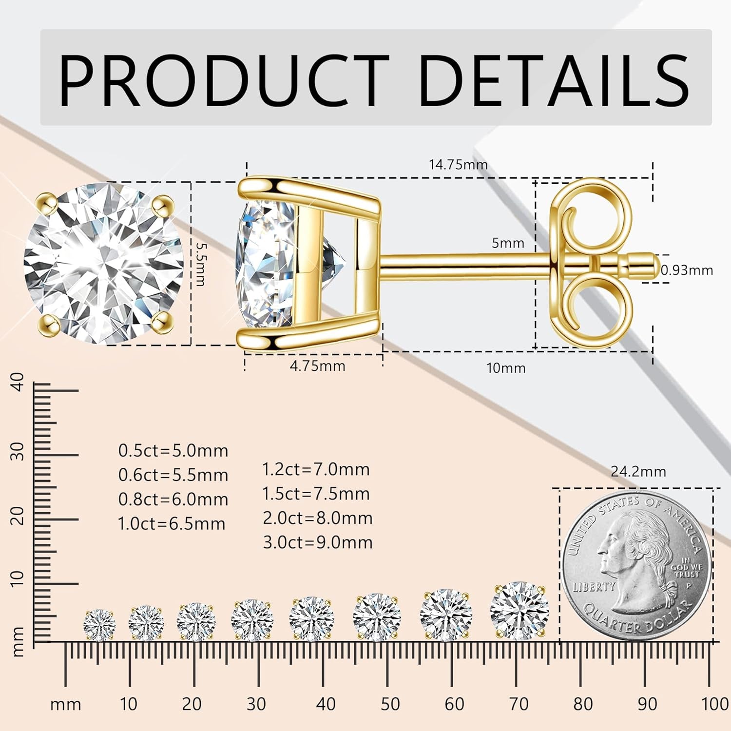 2Ct Round Brilliant Cut Moissanite Earrings – 6.5mm D Color Lab-Created Diamond Alternative | 18K Yellow Gold Plated Sterling Silver Push-Back Studs for Women, Men & Girls by Aevyra