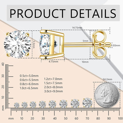 2Ct Round Brilliant Cut Moissanite Earrings – 6.5mm D Color Lab-Created Diamond Alternative | 18K Yellow Gold Plated Sterling Silver Push-Back Studs for Women, Men & Girls by Aevyra